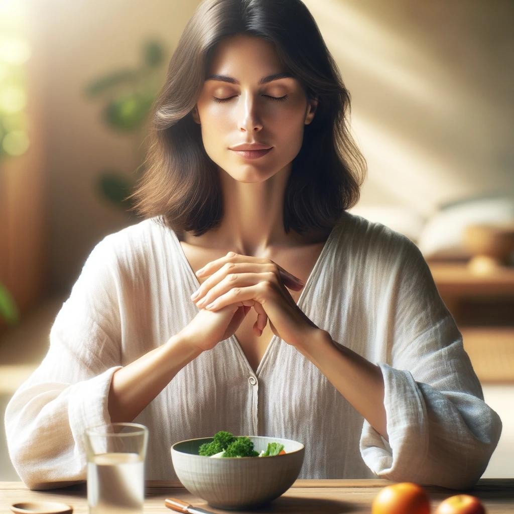 Una mujer orando frente a su comida.